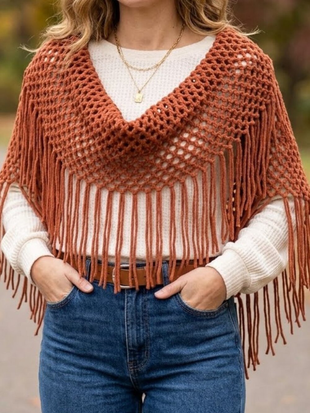 Women's Brown Boho-Style Open-Knit Fringed Infinity Scarf Shoulder Wrap Capelet